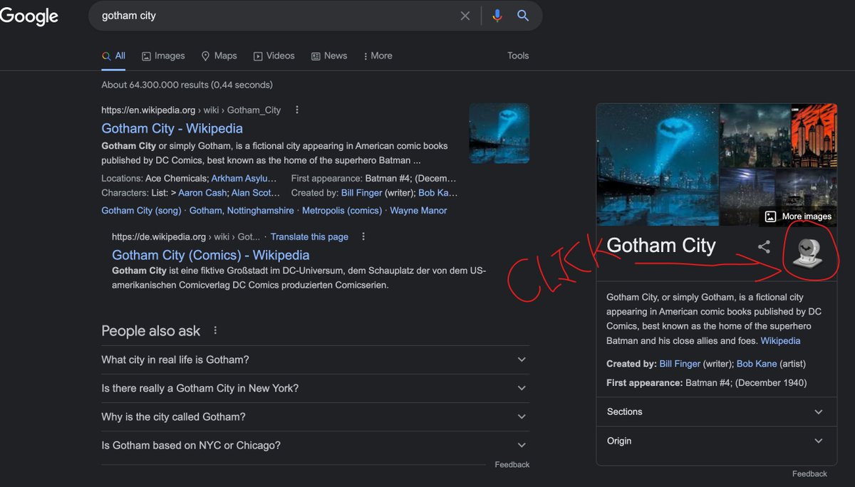 codepo8's tweet photo. Holy Easter Egg, Batman 🦇 
1. Go to Google
2. Enter "Gotham City"
3. Click the Bat Signal next to the heading in the details view. https://t.co/QMrSzcyg8m