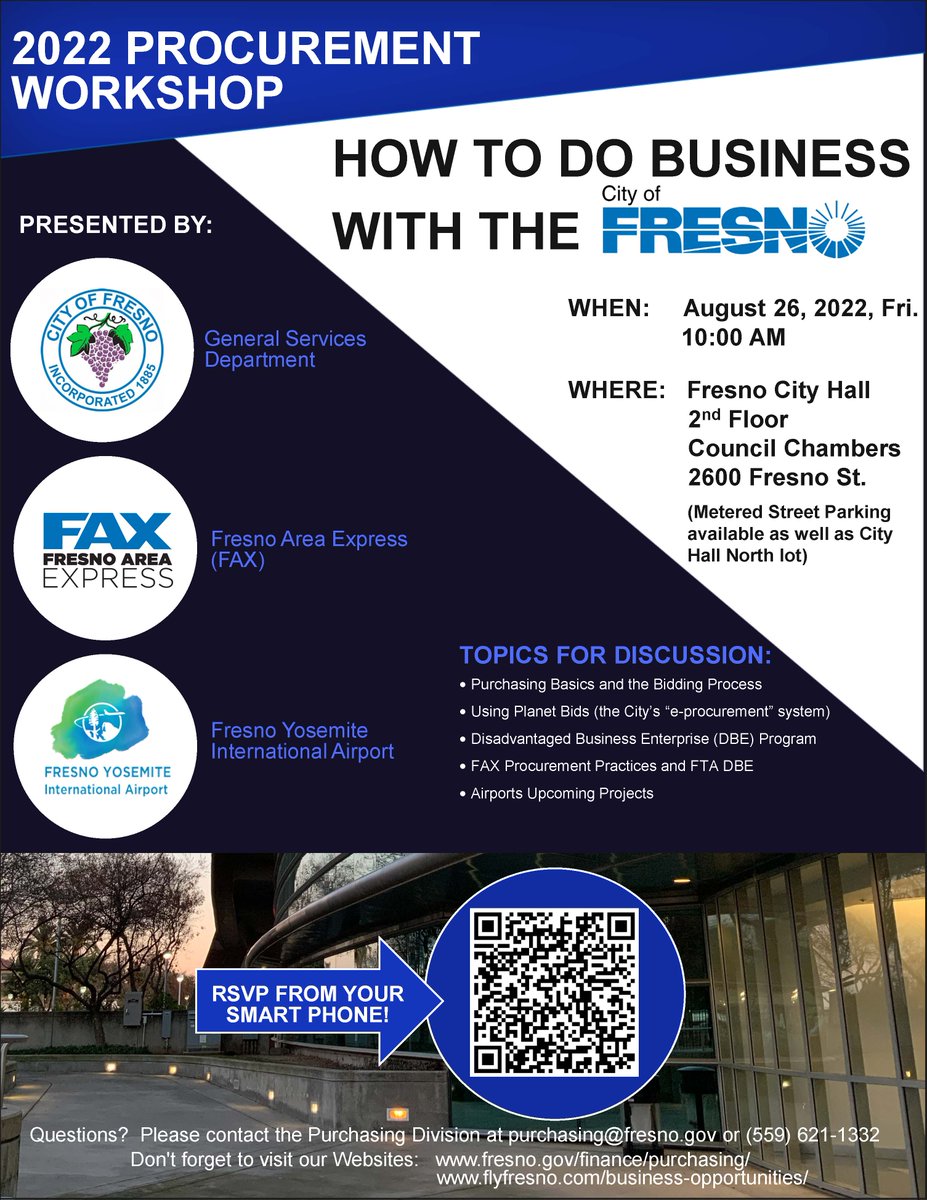CityofFresno's tweet photo. Learn how to sell goods and services to the City of Fresno. The 2022 Procurement workshop will be Friday, August 26th at 10:00 a.m. at Council Chambers. https://t.co/IU0S63zVSI