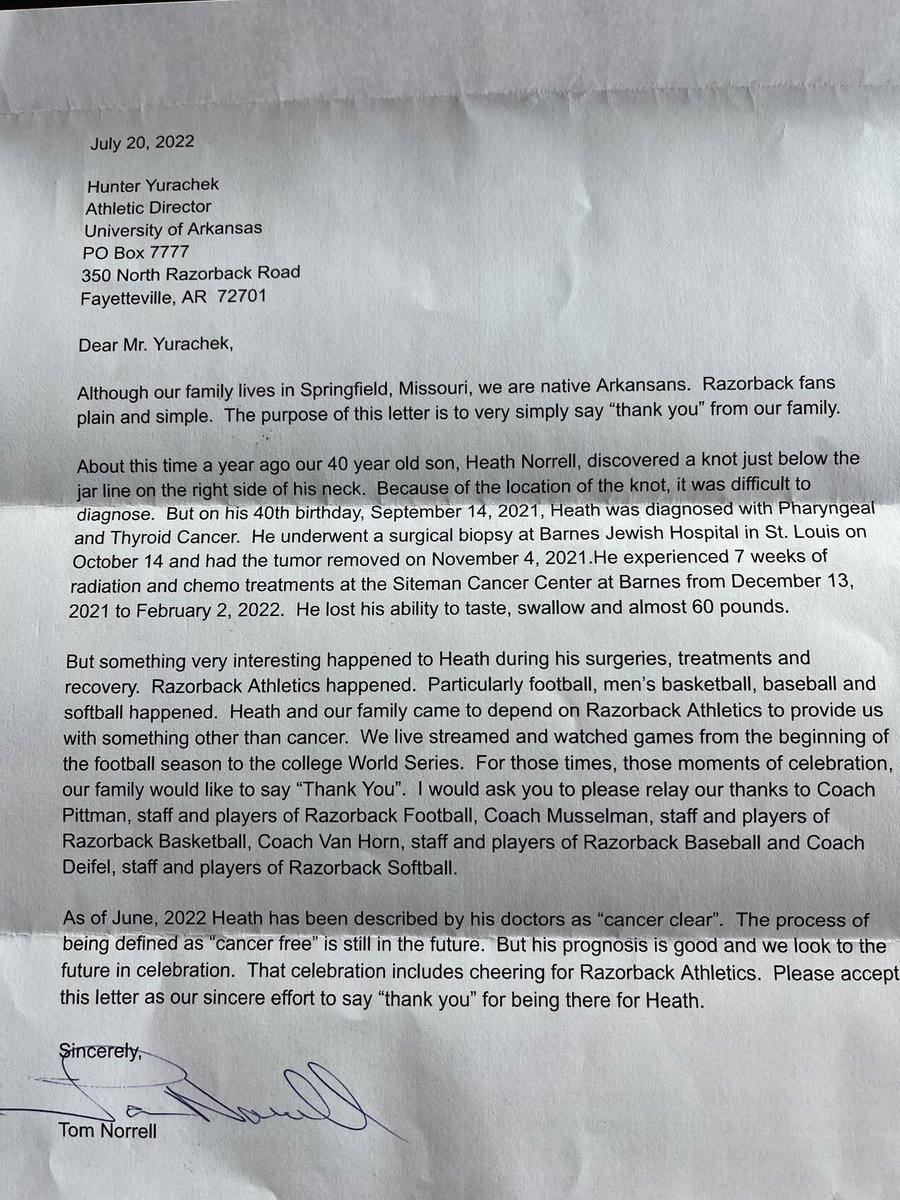 HunterYurachek's tweet photo. What a special letter I received today. Alway hard to quantify the far reaching and incredible impact of the ⁦@ArkRazorbacks⁩ #OneRazorback https://t.co/QMJXPrmPIF