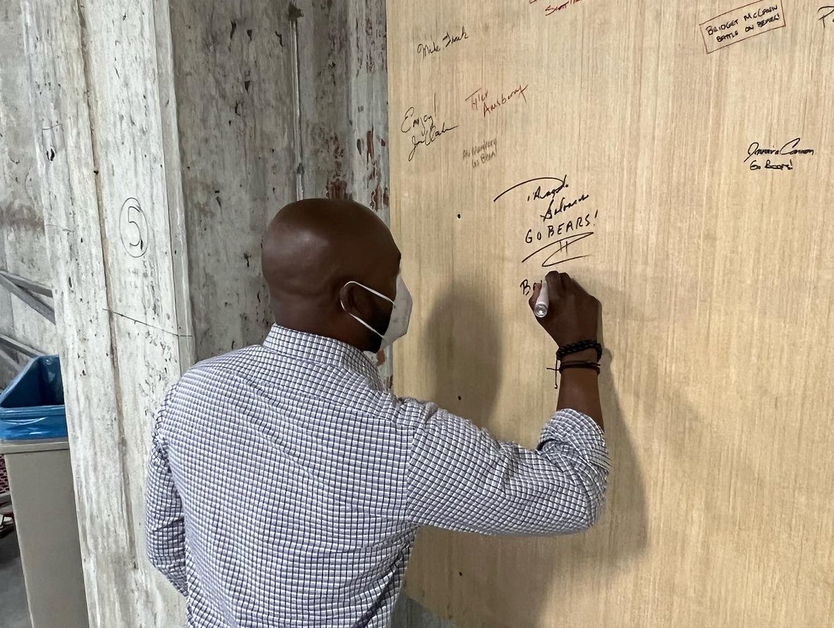 WASHUBears's tweet photo. Our staff got a sneak peak at the progress of the new Sports Performance Center and signed the wall 👊 we can’t wait for our student-athletes to start coming back this week! #battleon https://t.co/JuEyeaX6LL