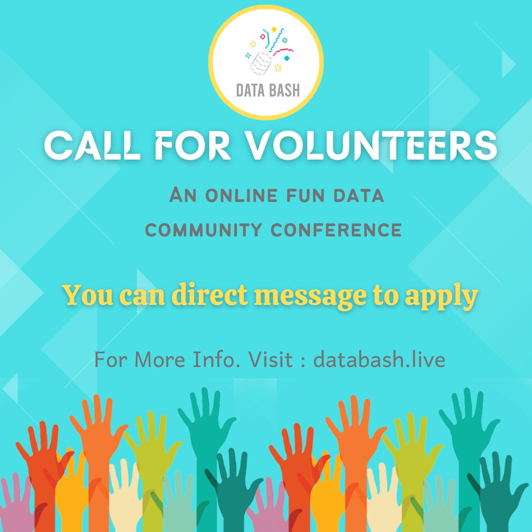 databash_live's tweet photo. Call for Volunteers
Are you interested in hosting a session at DATA BASH? Or want to gain an amazing experience?
Join Data Bash as Volunteer or tag interested candidates 🤩
For more info visit: https://t.co/NE50ZLzJkG
#MCT #MVP #callforvolunteer #MDC #volunteer
#volunteerneeded https://t.co/2p1nM0jgdf