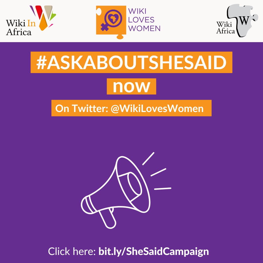 #ASKABOUTSHESAID starts now!
The #WLW team will be answering all your questions about the #SheSaid.

All you need to do is to use the hashtag #ASKABOUTSHESAID and add your question.
Cheers! 📣

#WikiLovesWomen #WikiAfrica #WikiQuote #SheSaid22