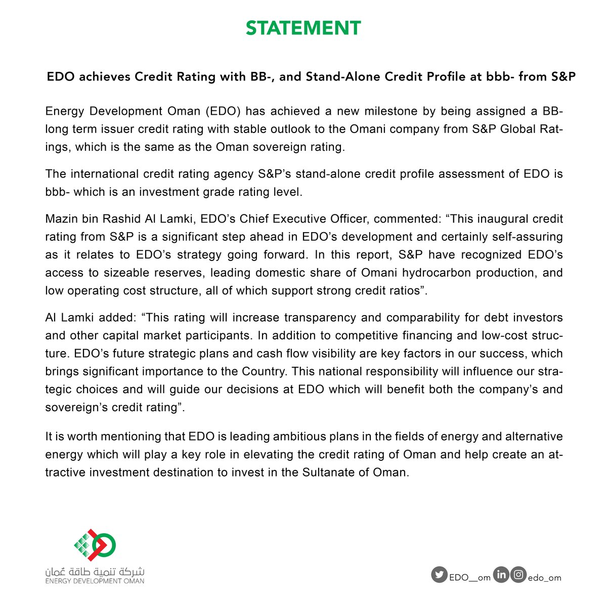 EDO__om's tweet photo. #EnergyDevelopmentOman has achieved a new milestone by being assigned a BB- long term issuer credit rating with stable outlook from S&amp;P Global Ratings. EDO is leading ambitious plans in the fields of energy and alternative energy. https://t.co/tJ624W7l6c