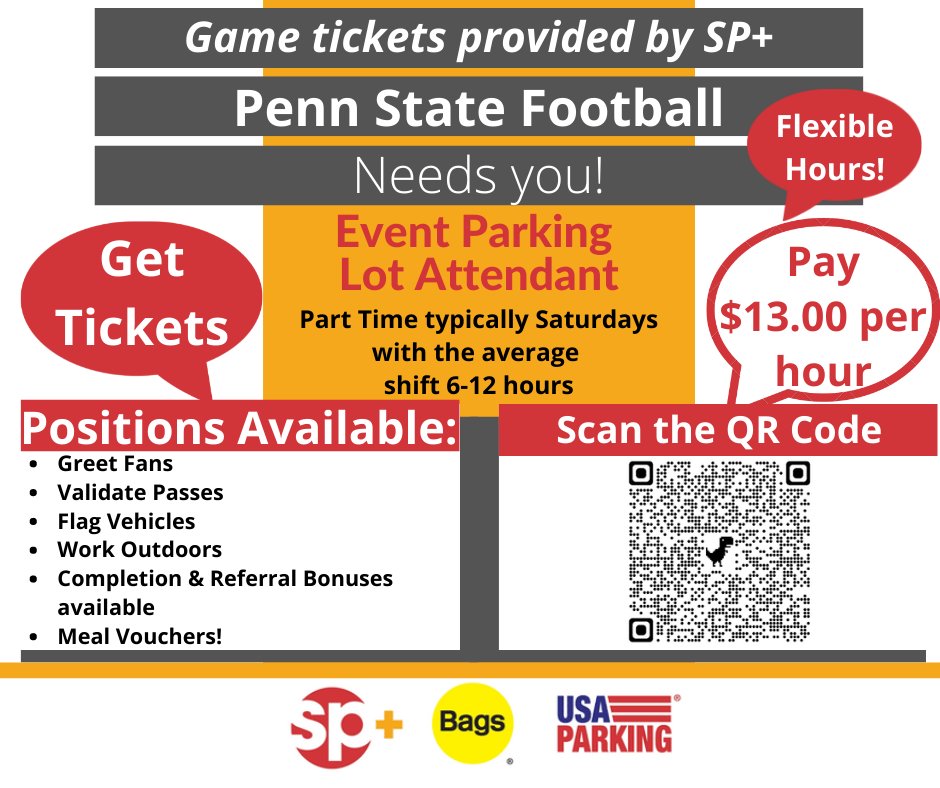 SPPlusCorp's tweet image. Penn State Football Fans #pennstate, come work for SP+ and see all the perks you get!