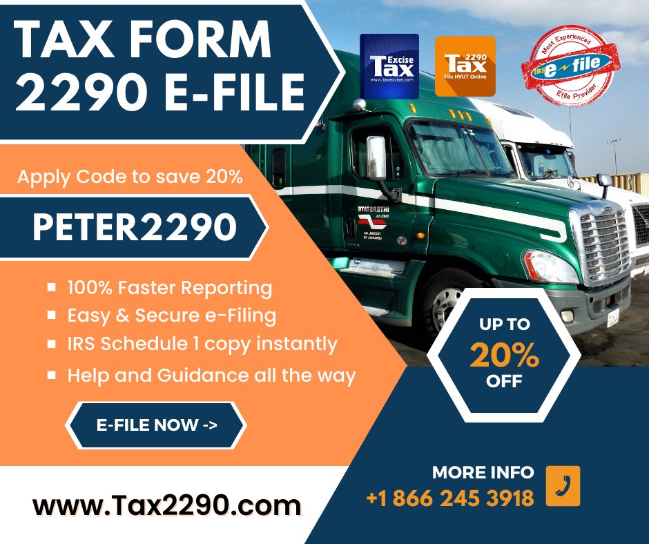 Peter2290's tweet photo. #2290tax electronic filing discounts are always there at @Peter2290. Treat yourself a 20% off on the e-file fee at @tax2290 by applying the coupon code "PETER2290" at the check out. #2290taxes are processed faster when you e-file, receive Schedule 1 proof instantly. #HVUTfor2022 https://t.co/9kC3CdkMDA