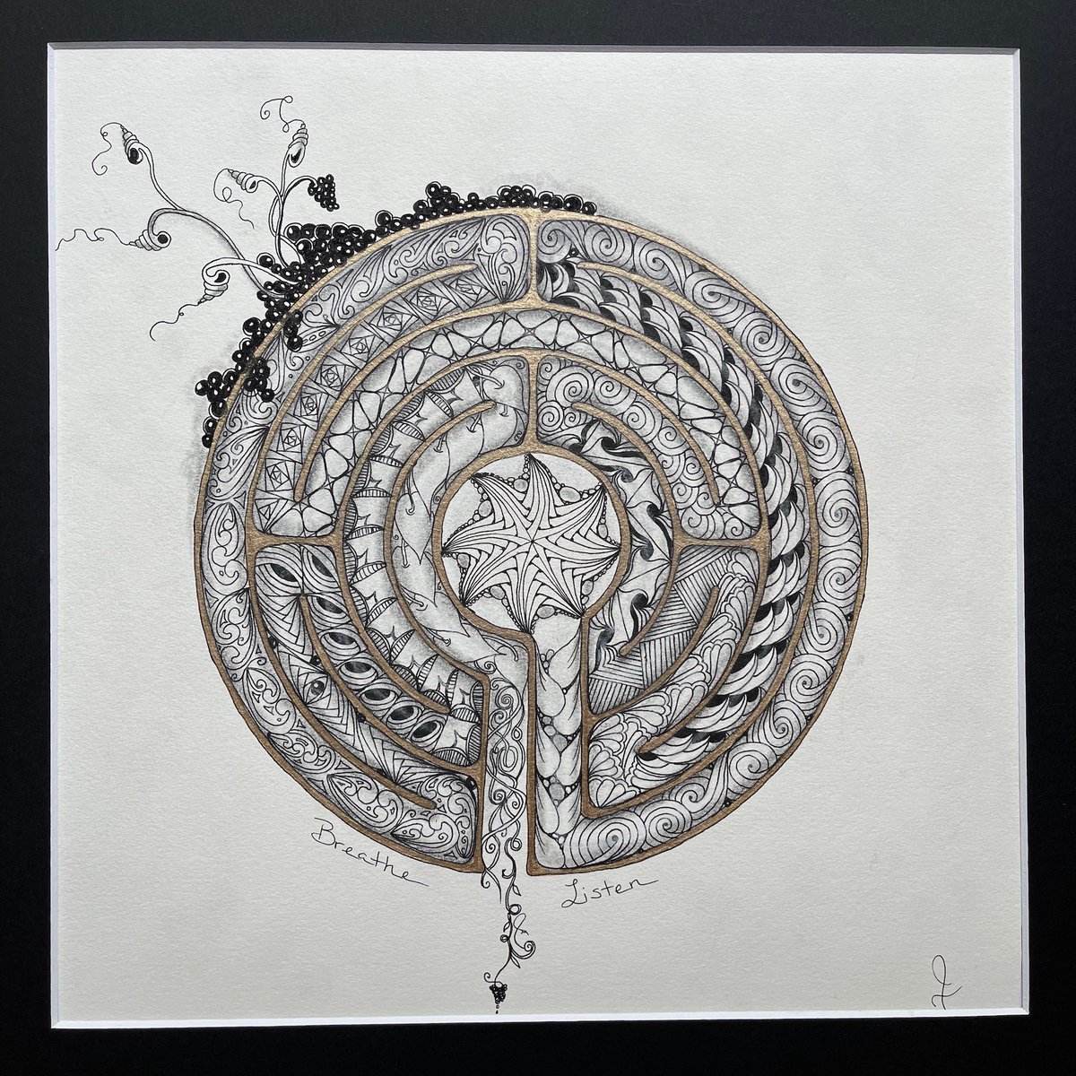 ValleycastMA's tweet photo. Beyond Zentangle exhibit artist Julie Tamanaco created this gorgeous piece, "Breathe, Listen" on a Zentangle Opus tile using Micron pens and a gold marker.
Thank you for sharing your beautiful work with us Julie!
#discoverma #zentangle #zentangleart @openskycs https://t.co/bXrWPa2Q1f