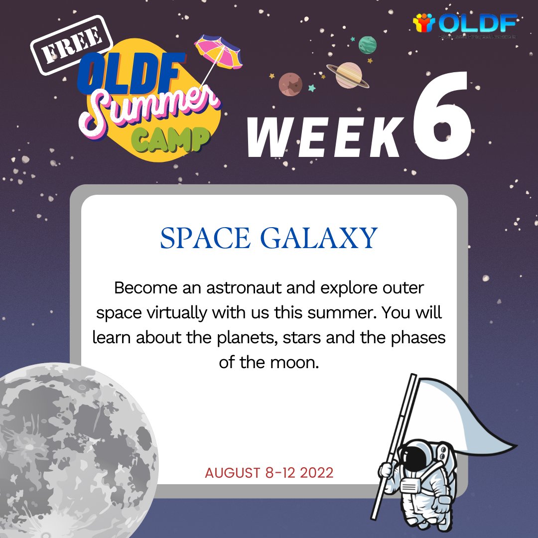 OldfInc's tweet photo. Heading into week 6 of our virtual summer camp this weeks theme is:
Space Galaxy 🚀☄️🔭🌖

Venture deep into space and explore virtually about the planets, stars and phases of the moon!

#oldf #summercamp #virtual #gtatutors #learn #community #virtualcamp2022 #week6camp https://t.co/9b1bCmfArC