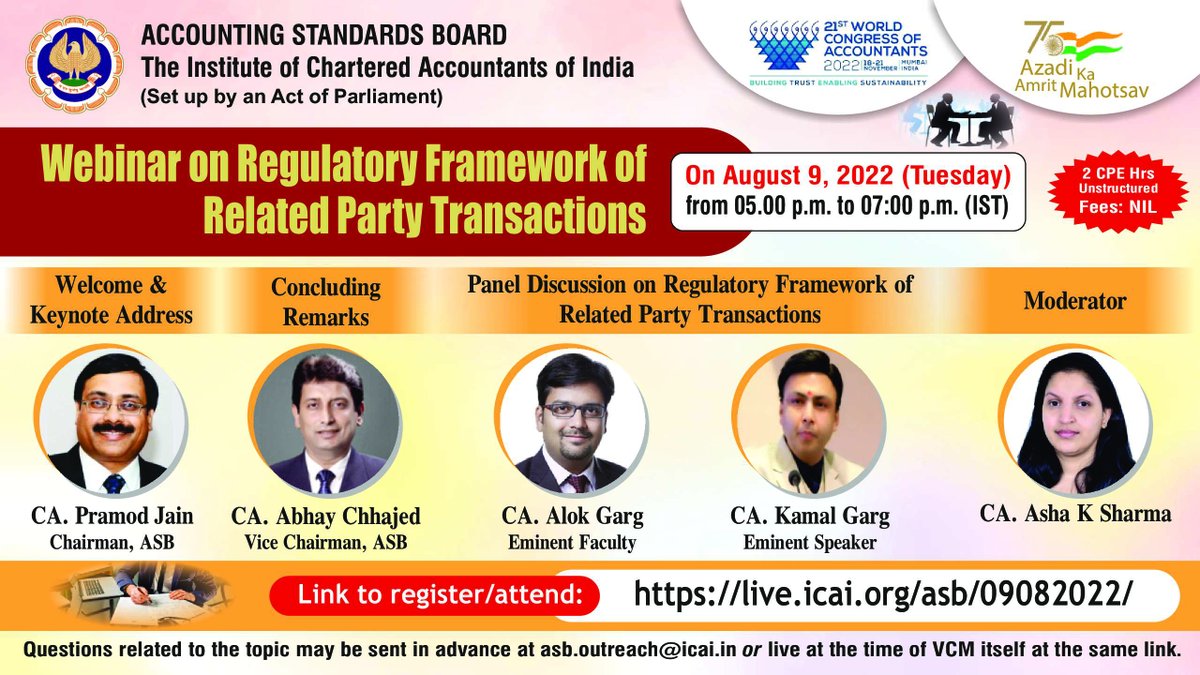 CAPramodLunawat's tweet photo. Accounting Standards Board (ASB) of ICAI is organising a very important webinar on “Regulatory Framework of RELATED PARTY TRANSACTIONS” on Tuesday, 9th July 2022 from 5PM to 7PM at https://t.co/yZosbqtAvl

@theicai #RPT #relatedparty #AS18 #IndAS24 https://t.co/ye7K35fhv3