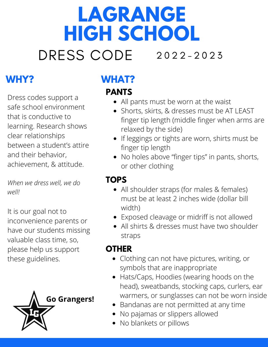 Granger_Nation's tweet photo. Please review the Troup County Schools Dress Code for the 2022-23 School Year and make sure your students are in compliance. https://t.co/7x5bCZQS5b