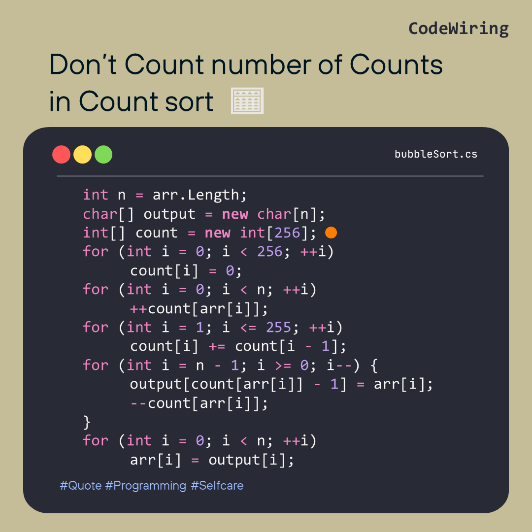 CodeWiring's tweet image. You want a good algorithm?
Bubble sort taking so much memory and time?
No problem! Switch to count sort...
.
.
.
.
#programming #cpp #csharp #algorithm #sorting #codewiring #bubblesort