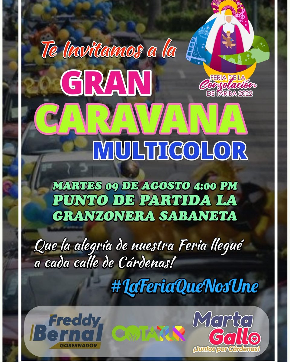 GobCardenas's tweet photo. #feriaquenosune  La alcaldesa Marta Gallo invita a la Gran Caravana Multicolor, que se realizará este martes 09 de agosto a las 4 pm, con salida desde La Granzonera en Sabaneta y tendrá recorrido por las calles del Municipio Cárdenas, para llevar la alegría #Feria. https://t.co/GNbfy77Ct3
