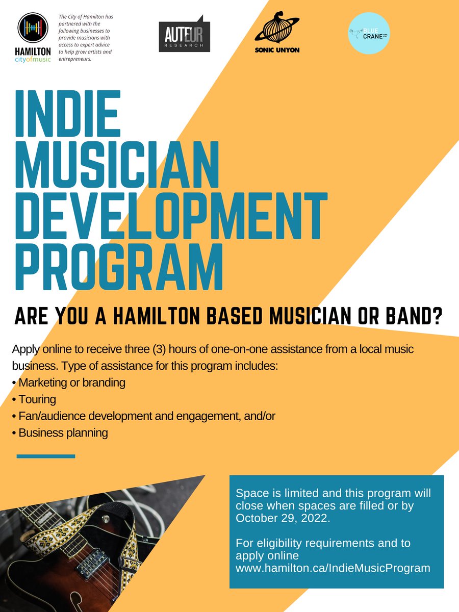 hamiltonecdev's tweet photo. Calling all #HamOnt based musicians! Apply to the Indie Musician Development Program to benefit from three hours of curated support to help grow your business. Space is limited. Apply today at @HamOntMusic: https://t.co/XwuX0PKO0j https://t.co/Md1mAwjICs