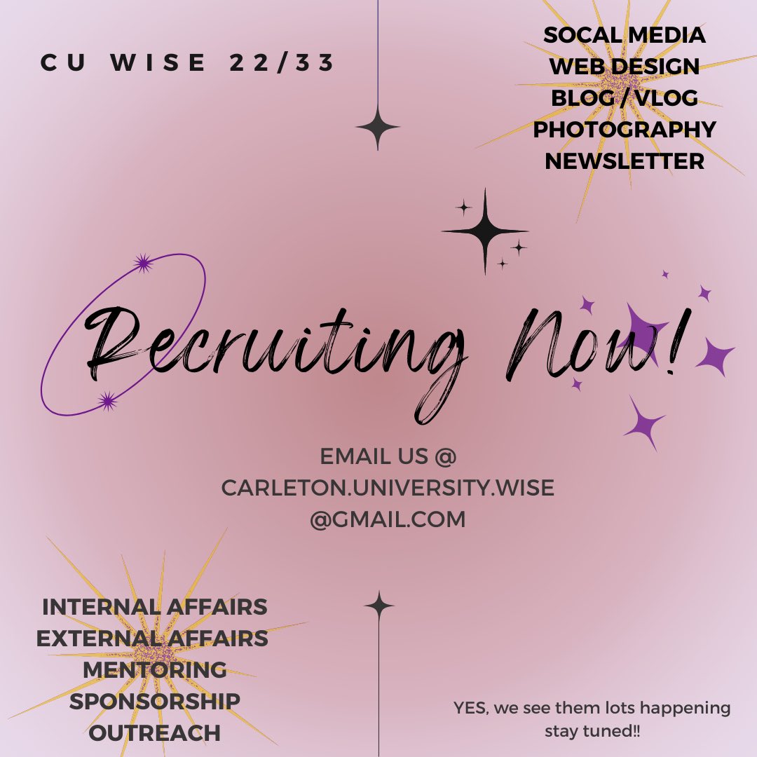 WiSE is recruiting for 22/23 if you are interested plz email us 📧⬇️💌 ALL <a href="/Carleton_U/">Carleton University</a> welcomed … <a href="/CarletonEngDesg/">Carleton Engineering and Design</a> <a href="/CarletonScience/">Carleton Science</a> <a href="/gsacarleton/">GSA Carleton</a> <a href="/cusaonline/">Carleton University Students' Association (CUSA)</a> <a href="/CarletonSSSC/">Science Student Success Centre</a> 💥 BIG NEWS COMING including our NEW #ALUMNI section @CarletonAlumni ❤️🖤🤍