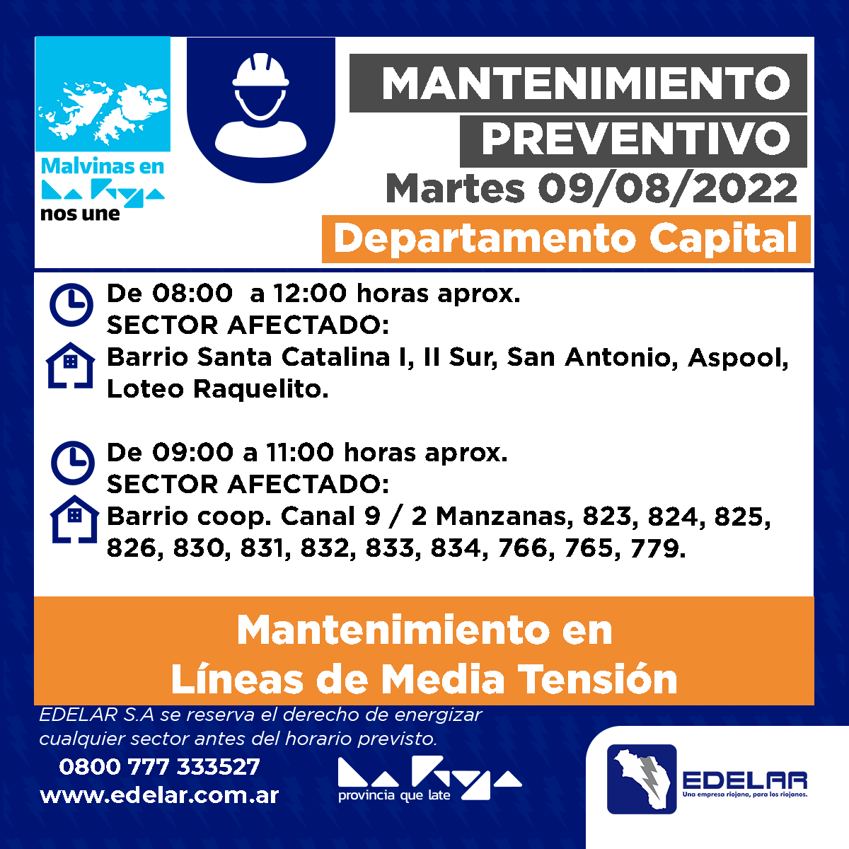 EdelarSAU's tweet photo. #MantenimientosPreventivos 

Programados para el martes 09/8 en el departamento Capital. https://t.co/sJNGSqgzrT