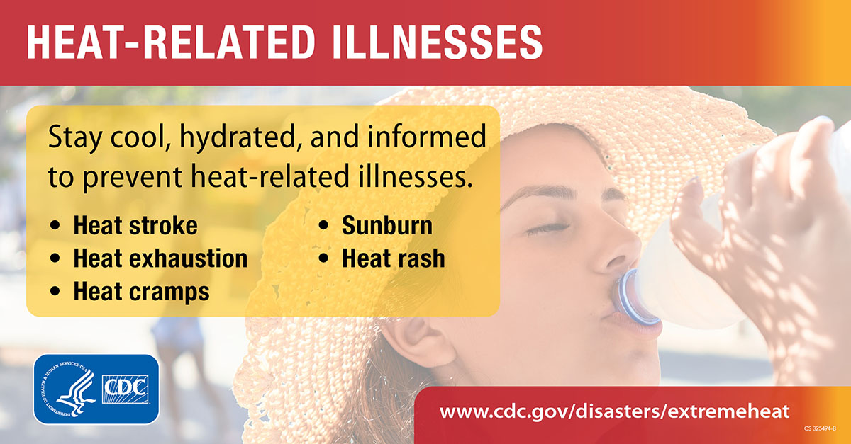 CDCEnvironment's tweet photo. Summer heat can be dangerous. Getting too hot can make you sick when your body can’t properly cool itself off during hot weather. Learn more about how you can prevent heat-related illnesses: https://t.co/yWAWR301kB #NIHHIS #HeatSafety @HeatGov https://t.co/pIHTEbagFo