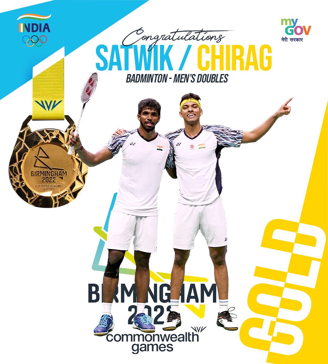 The dynamic duo wins 🥇 in Badminton Men's doubles 🏸 at #CWG2022 Birmingham!

Congratulations to Satwik and Chirag for making India proud! 

India’s badminton contingent scripts HISTORY!
#YuvaShakti #CheerForIndia
