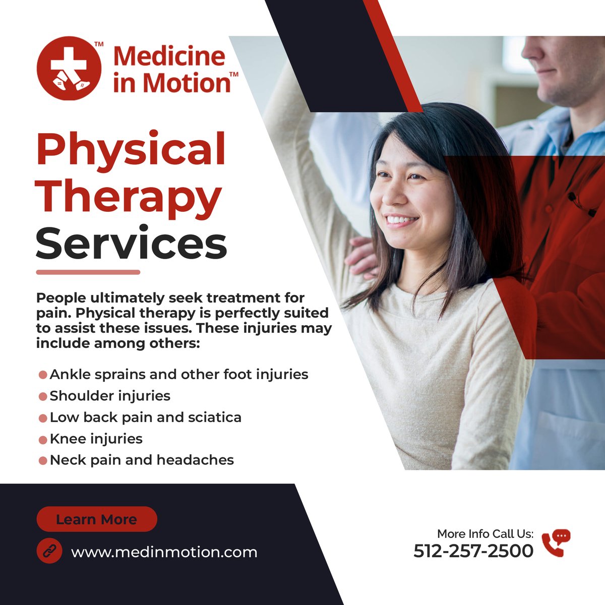 MedinMotion's tweet photo. If you're suffering from an injury, don't wait for a doctor's appointment. Medicine in Motion offers physical therapy to make your recovery as simple and fast as possible. Book #PhysicalTherapy service today!
#recovery #Injury #health #medinmotion #AustinTexas https://t.co/ToKuzm2uuE
