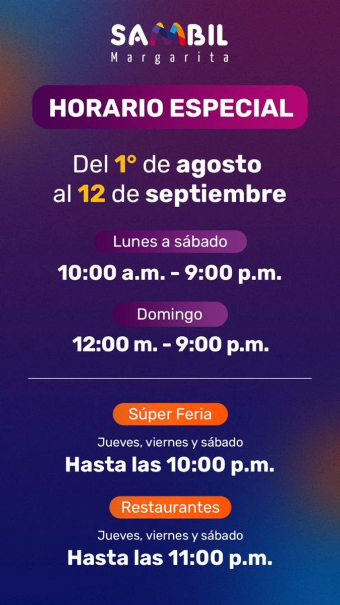 ¡Feliz inicio de semana!🤩

En temporada de vacaciones seguimos trabajando para ti en nuestro horario extendido, desde de las 10:00 A.M. hasta las 9:00 P.M. 

¡Bienvenidos a Sambil!🧡