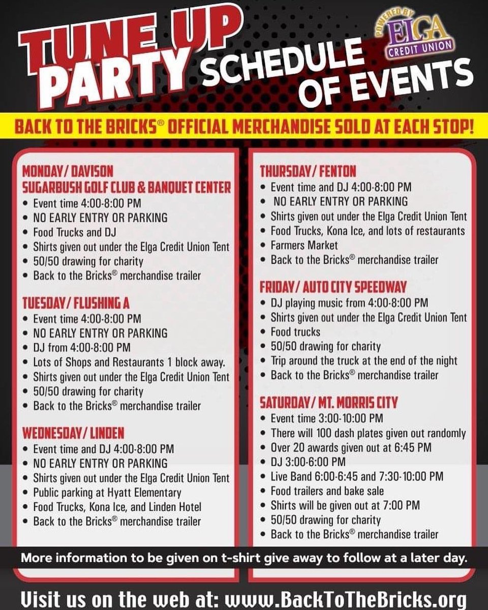 Tune Up Week!!! Who’s ready for car shows, t-shirts, food trucks and fun??? Tonight we kick off in Davison at Sugarbush Golf ⛳️ Club backtothebricks.org/tune-up-partie…