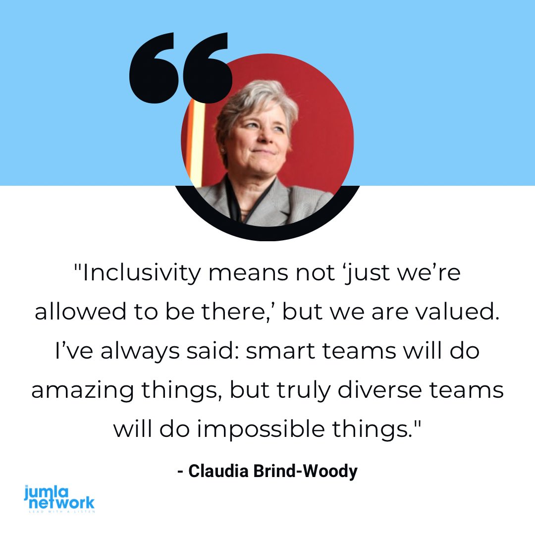 JumlaNetwork's tweet photo. Starting this week off with some #DEI Inspiration from diversity and inclusion trailblazer, Claudia Brind-Woody, the VP and Managing Director of Global Intellectual Property at IBM. 

What are your thoughts on this quote? Share them below. 

#diversity #inclusion #equity https://t.co/qFHZdn0nyg