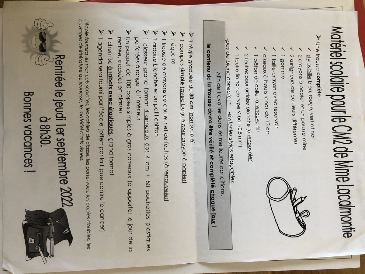 Timbaud_Drancy's tweet photo. Bonjour chers parents d’élèves. J’espère que vos vacances se passent bien. Voici les listes de fournitures pour la rentrée. 
Bonne fin de vacances. 😉 https://t.co/fTSbxsJlHL