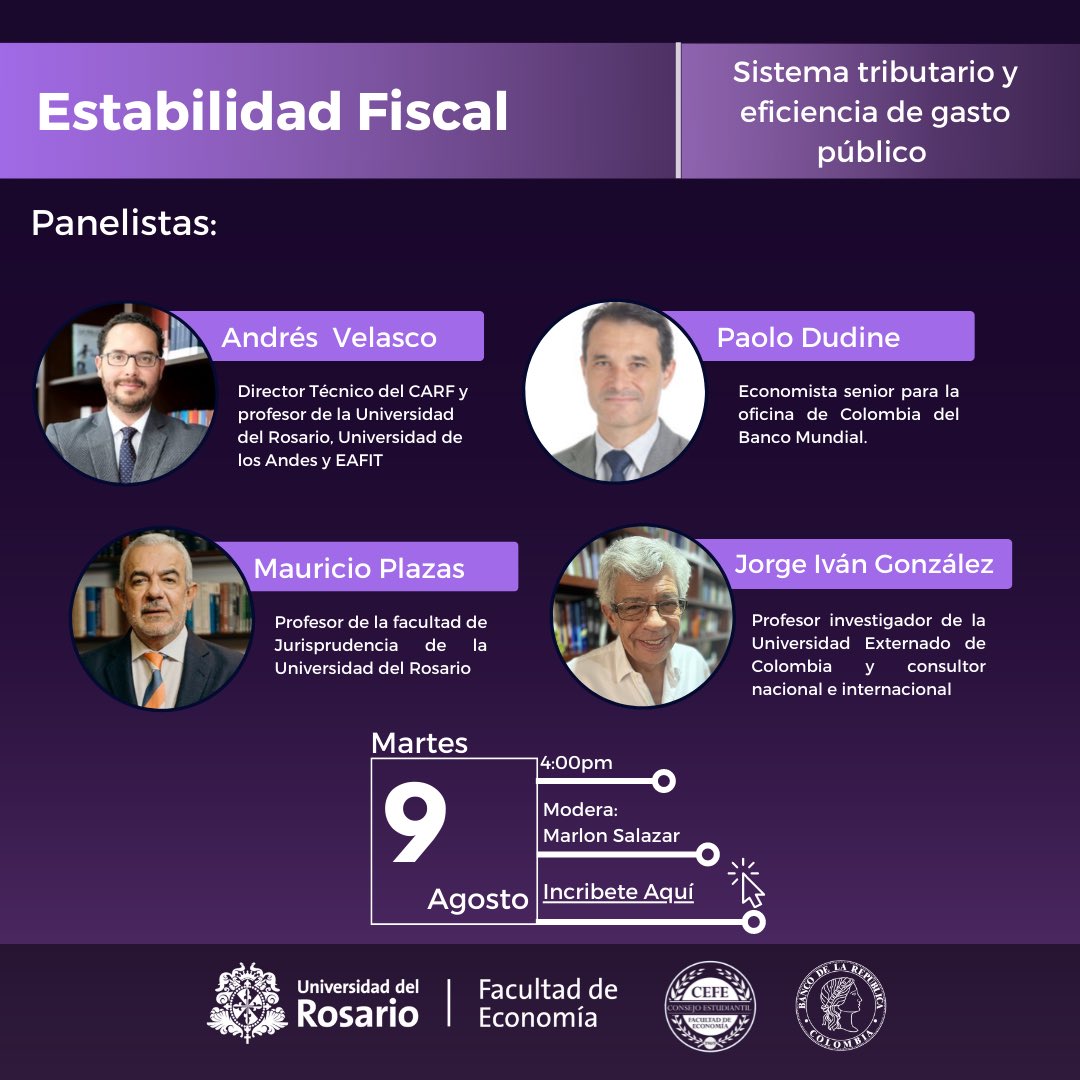 ForoEconomiaUR's tweet photo. ❗️Acompáñanos mañana, martes 9 de agosto a las 4:00pm en nuestro tercer panel y aprende junto con expertos la posición de Colombia frente a la eficiencia del gasto público y la equidad en el sistema tributario🏦👥 https://t.co/w16qMVoZ9N