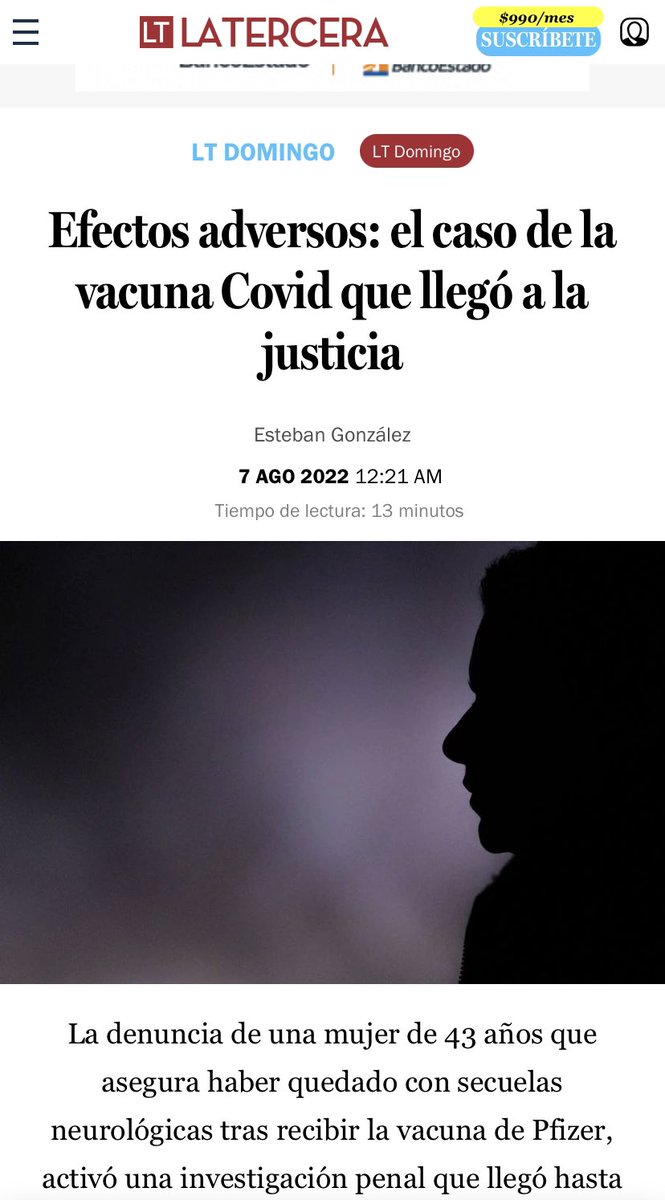 Este domingo <a href="/latercera/">La Tercera</a> publicó un reportaje sobre la denuncia de una mujer por los efectos adversos de la vacuna #chaopase latercera.com/la-tercera-dom…