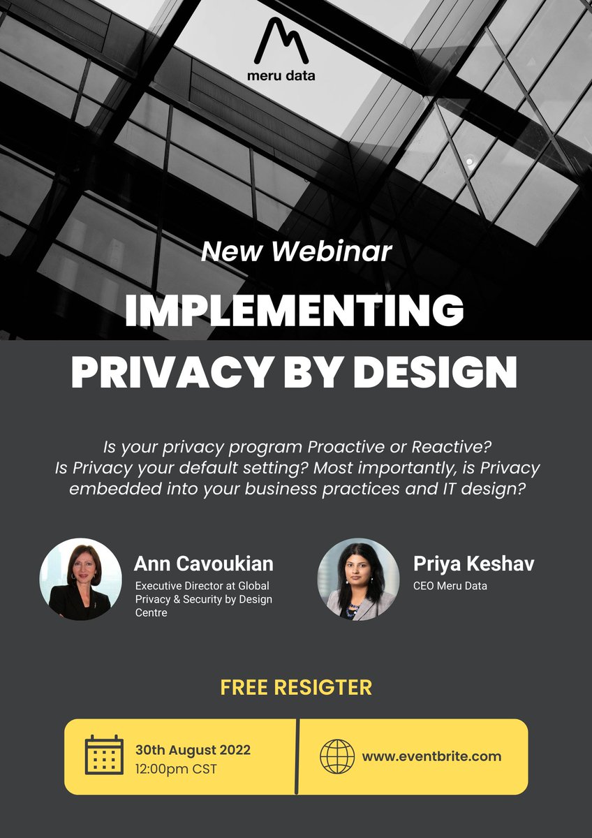 merudata's tweet image. The GDPR introduced the concept of Privacy by Design (PbD) into law through Article 25.  Listen to our upcoming webinar “Implementing Privacy by Design. Register now: lnkd.in/dRd4zqKU

#merudata #webinar #business #design #data #security #ceo #privacy #privacybydesign