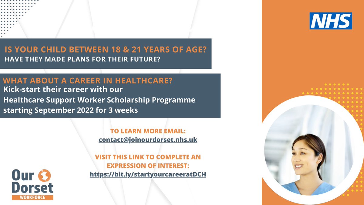 Is your child between the ages of 18 and 21? <a href="/DCHFT/">Dorset County Hospital NHS Foundation Trust</a> have a fantastic opportunity!

Kickstart their career with our Healthcare Support Worker Vocational Scholarship Programme, taking place in September 2022.

Register your interest: bit.ly/startyourcaree…