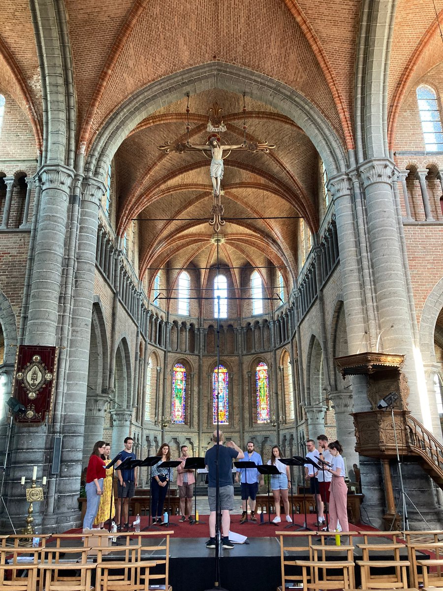 SiglodeOroVocal's tweet photo. Mid rehearsal at MA festival, putting the final touches on our Mysterious Motets programme. Concert 8pm at Lissewege church! https://t.co/pR5Wh3Sk7c