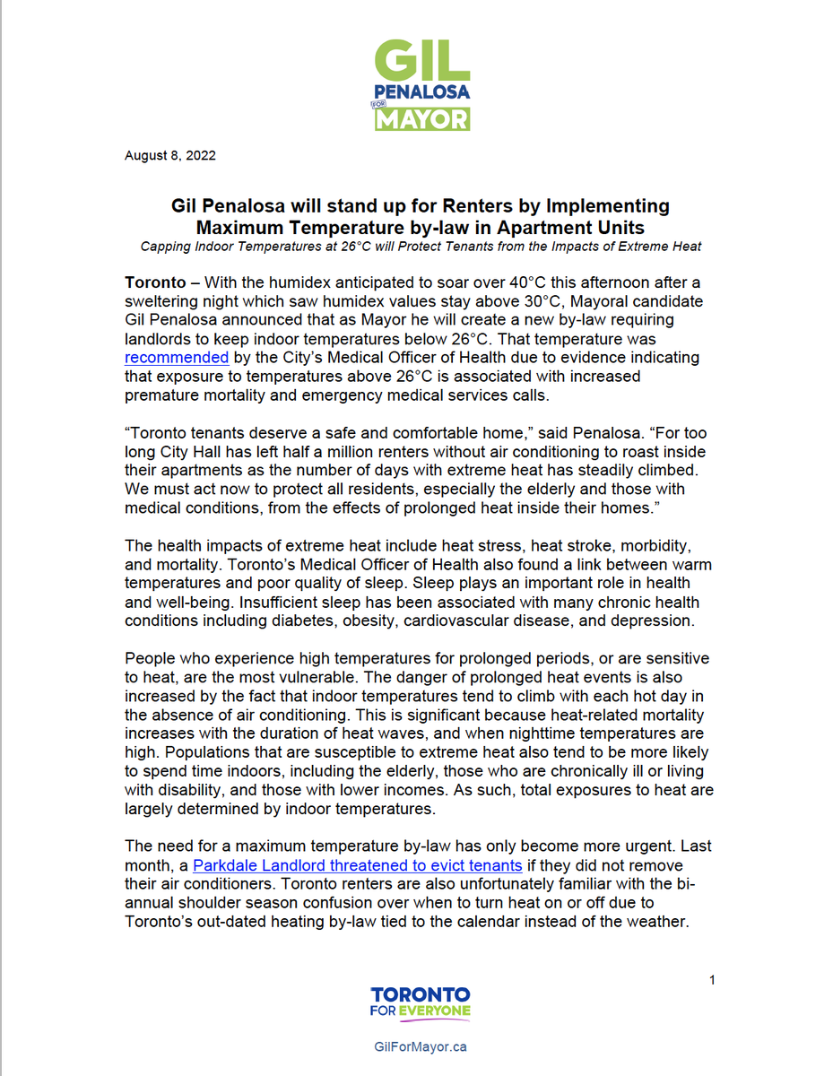 Penalosa_G's tweet photo. For too long City Hall has left half a million renters without air conditioning to roast inside their apartments. Climate change is here: we MUST protect tenants from the impacts of heat inside their homes! Read my statement: https://t.co/r13tbm8gbZ #Gil4Mayor #Toronto4Everyone https://t.co/5Vrwo6wVyG