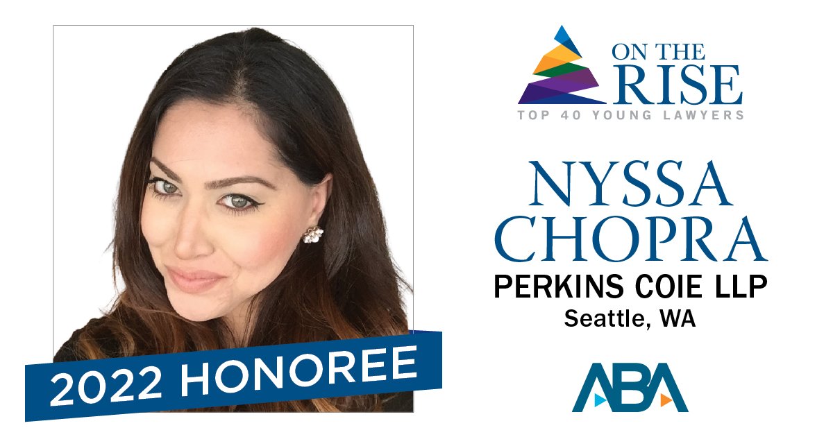 It's time for our On The Rise winner feature! Today we are celebrating <a href="/nyssapchopra/">Nyssa P. Chopra</a> of <a href="/PerkinsCoieLLP/">Perkins Coie</a>.
Congratulations, Nyssa!🎉

Learn more about the program here: americanbar.org/groups/young_l…
