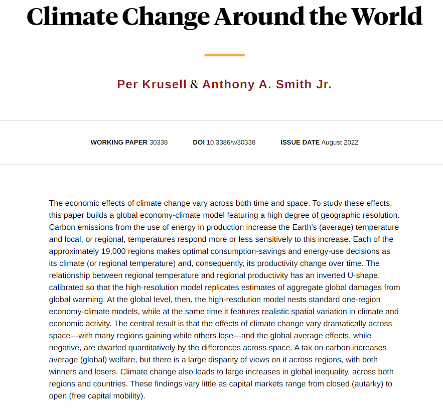 nberpubs's tweet photo. The effects of climate change vary dramatically across space, with many regions gaining while others lose, and the global average effects, while negative, are dwarfed quantitatively by the differences across space, from Per Krusell and Anthony A. Smith Jr. https://t.co/wpGD6ETcVE https://t.co/m4oi1oejAZ