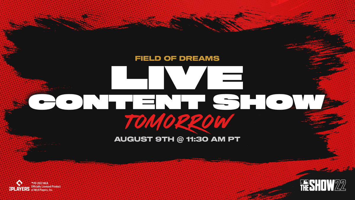 MLBTheShow's tweet photo. Tune in tomorrow for our 🔘Push the Button Live Content Show at 11:30 AM PT.
Learn all about the upcoming Field of Dreams Featured Program, and more! 🌽⚾

Twitch: https://t.co/vGJG5k1f7M  
YouTube: https://t.co/5A84aYAarE 

#MLBTheShow https://t.co/kir9haGIYH