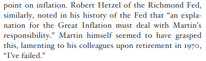 sidprabhu's tweet photo. You can't get rid of inflation by pivoting and easing financial conditions at the first sign of disinflation.  That's what William Martin did in the late 60's, which ended up in him saying of his 19 year run as Fed Chair "I've failed". https://t.co/fF4KsALNbH