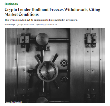 Another crypto lender, Singapore-based Hodlnaut, has suspended withdrawals, swaps and deposits (AUM $250M).

If you have coins in any crypto lending firm, please consider withdrawing while you still can.

You want the yield, they want your deposit.