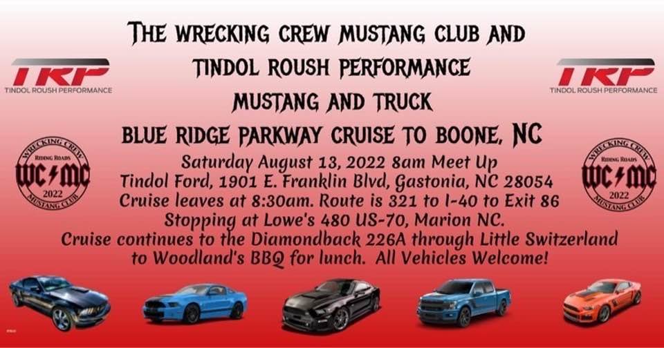 The Wrecking Crew Mustang Club and Tindol Roush Performance are hitting the road again!! 

Join the Crazy Mustang Man at Tindol THIS Saturday at 8am to head to the Blue Ridge Parkway! 
#gastonianc #blueeridgeparkway #TRP #mustang