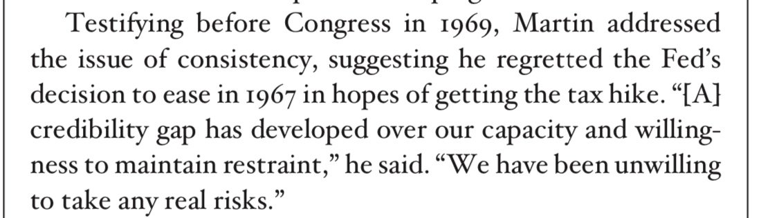 sidprabhu's tweet photo. You can't get rid of inflation by pivoting and easing financial conditions at the first sign of disinflation.  That's what William Martin did in the late 60's, which ended up in him saying of his 19 year run as Fed Chair "I've failed". https://t.co/fF4KsALNbH