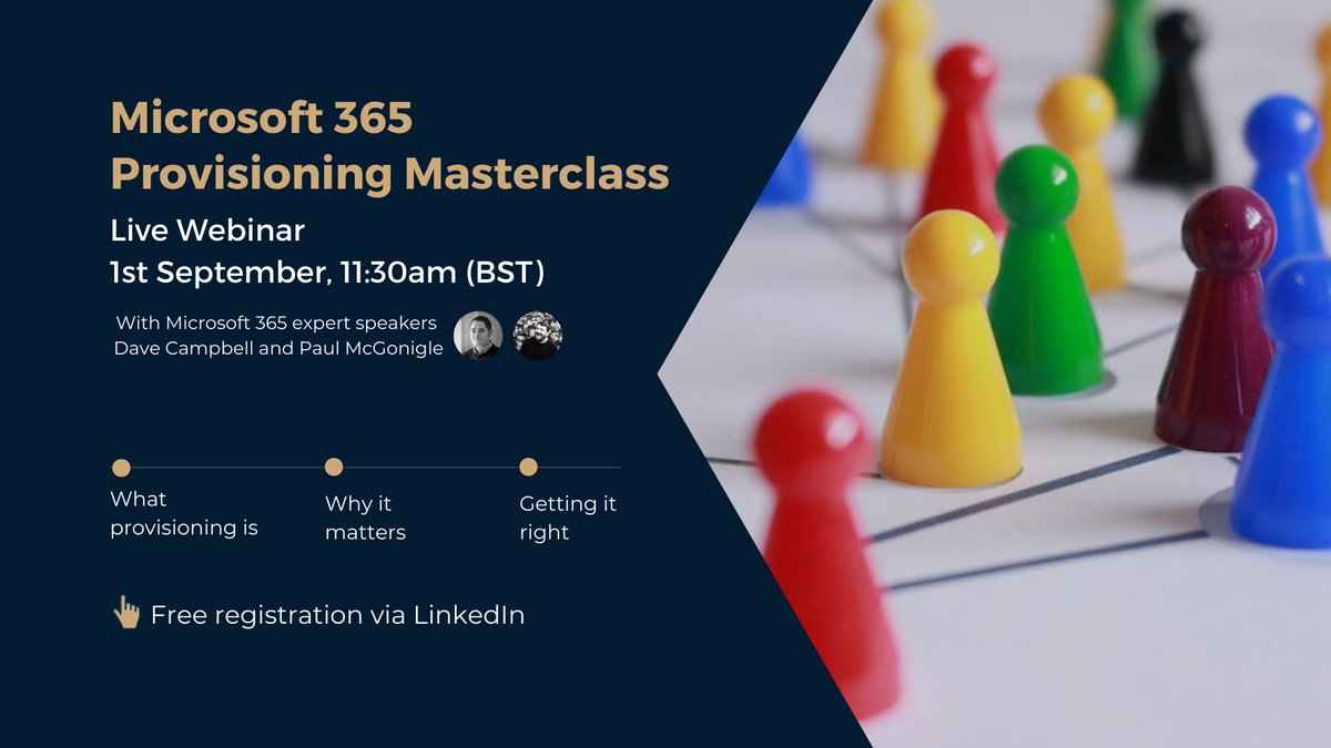 What is provisioning? Why is it important? How can you get it right?🤔

Learn how to take control of provisioning at your organisation with our free Microsoft 365 Provisioning webinar masterclass on Thurs 1st Sept! 

Sign up: linkedin.com/events/6887164…

#provisioning #webinar #m365