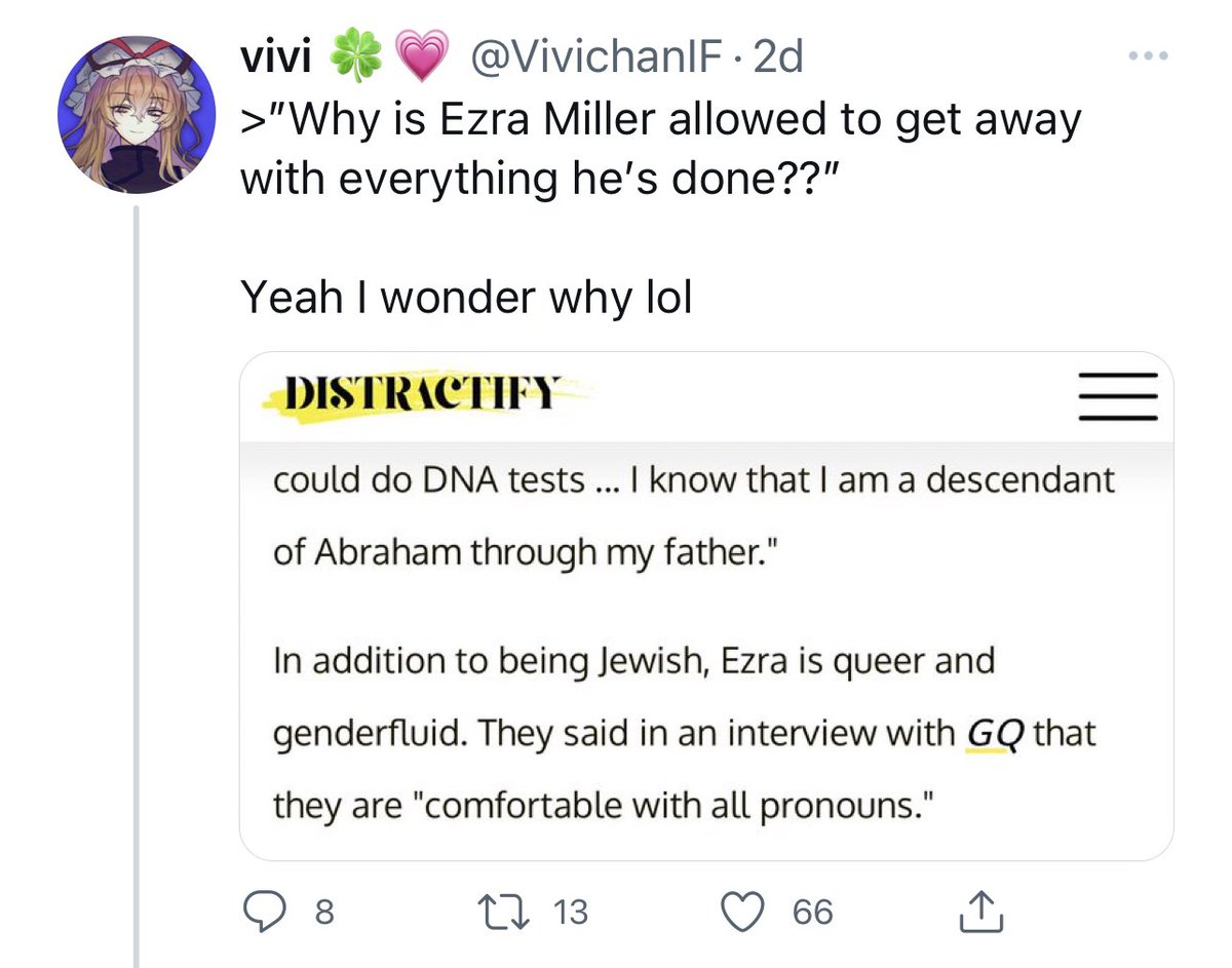 This transphobe appears to think that Ezra Miller got away on account of being Jewish and queer, rather than on account of being a celebrity in a society that excuses behavior from celebrities.