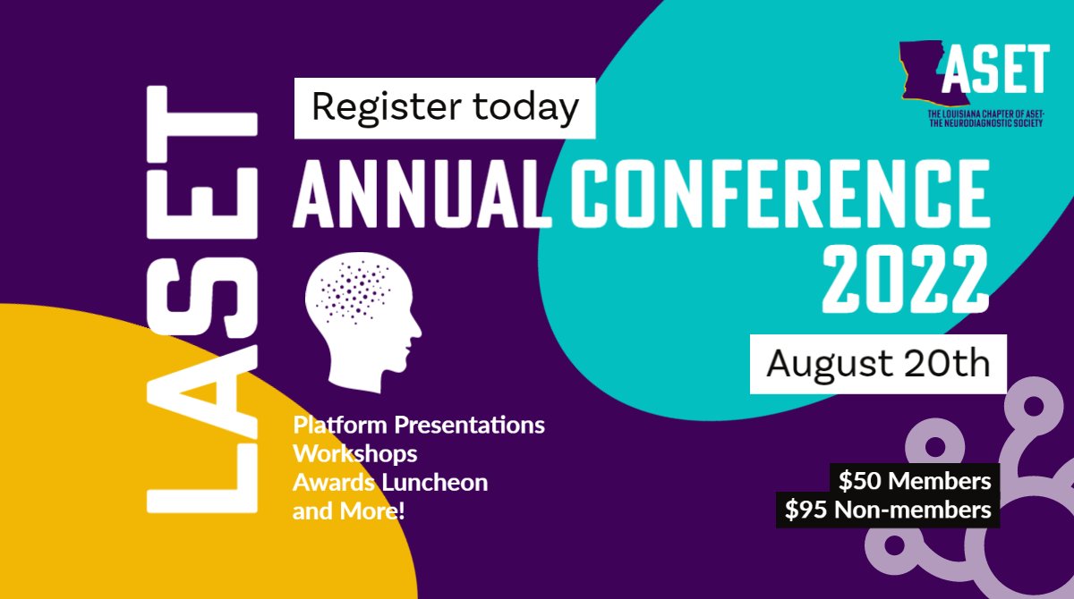 GNOIncEvents's tweet photo. The first annual LASET - Neurodiagnostic Society conference will be hosted at @UofHC on August 20th. This event will include platform presentations, breakout sessions, an awards luncheon, and workshops. 

Register now: https://t.co/Hfxaxbbaae https://t.co/9ZlDQry7gD