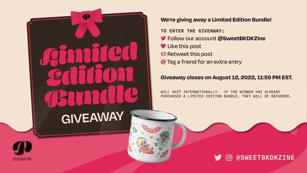 🎉Bundle Giveaway🎉

Did you miss out on our LE Bundle but still want the cutest #bkdk mug?

Well, fear not! We’re doing a giveaway!

Just follow us, like, and retweet this post before 11:59 PM EST on August 12th to be entered to win! And tag a friend for an additional entry!