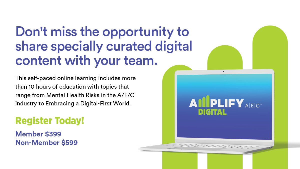 AMPLIFY A|E|C Digital 2022 offers self- paced learning with more 10 hours of education with topics that range from Mental Health Risks in the A/E/C industry to Embracing a Digital- First World. Here’s a sample of what’s included:

Register today: bit.ly/3wbs5KT