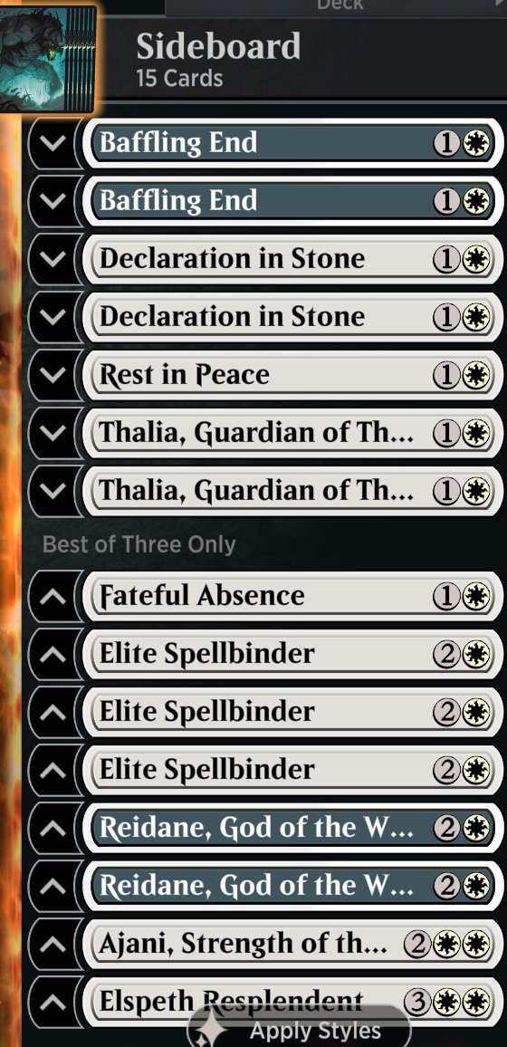 EZ+193 Packs in the Metagame challenge with my lovely Angels 3x30 two of them in a row 3x20 1x10 and few scuffed games ;P
My Elfes just got 1x20 1x10 ;P
thankfully not so many control andys there ^^
<a href="/mtgazone/">MTG Arena Zone</a>
<a href="/ArenaDecklists/">Arena Decklists</a>
<a href="/GamertagMythras/">Mythras</a>
<a href="/fireshoes/">Robert Taylor🔥</a> 
<a href="/Akaaka890/">AkaAka89#05362</a>