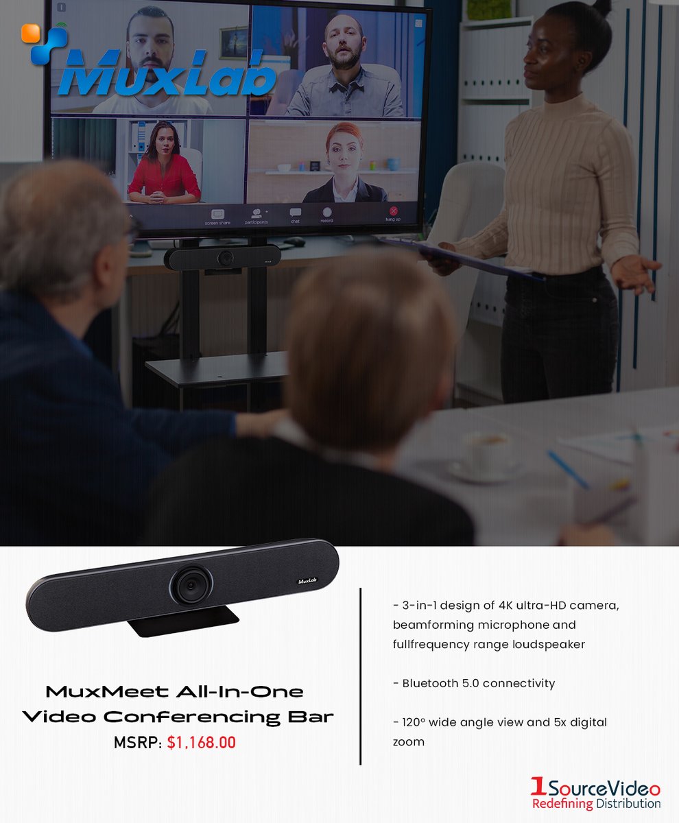 1sourcevideo's tweet image. The MuxMeet Videobar from @MuxLabInc is an all-in-one video conference sound bar specially designed for small and medium meeting spaces!

#MuxLab #1SourceVideo #MuxMeet #videoconference #soundbar #3in1 #4Kcamera #microphone #loudspeaker #broadcast #4K #RedefiningDistribution