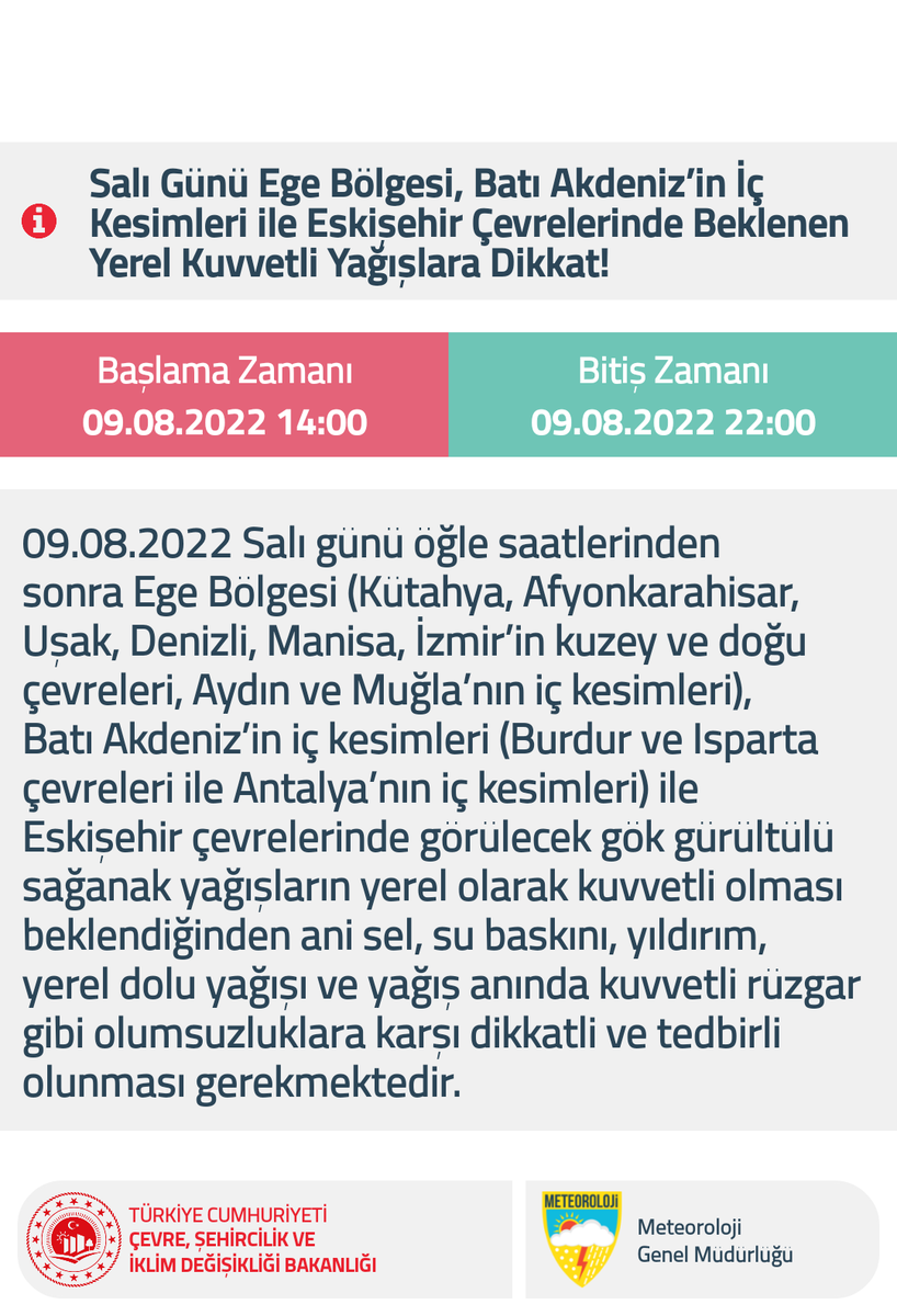 🔊Meteorolojik Uyarı 
Salı Günü Ege Bölgesi, Batı Akdeniz'in İç Kesimleri ile Eskişehir Çevrelerinde Beklenen Yerel Kuvvetli Yağışlara Dikkat!
<a href="/AFADBaskanlik/">AFAD</a> <a href="/KutahyaValiligi/">T.C. Kütahya Valiliği</a> <a href="/AfyonValiligi/">T.C. Afyonkarahisar Valiliği</a>  <a href="/TC_UsakValiligi/">Uşak Valiliği</a> <a href="/DenizliValiligi/">T.C.Denizli Valiliği 🇹🇷</a> <a href="/ManisaValiligi/">Manisa Valiliği</a>  @IzmirValiligi <a href="/AydinValiligi/">T.C. Aydın Valiliği</a>