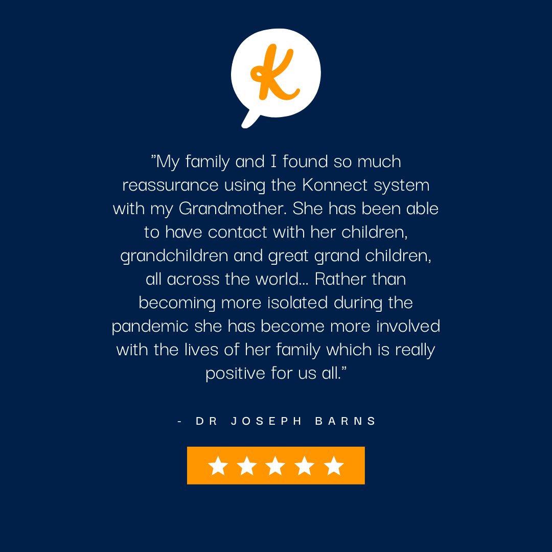 KraydelCares's tweet photo. Konnect helps people stay connected 🔗  - but don’t just take our word for it; check out this awesome review!

#Kraydel #Testimonial #Technology #Care #ElderlyCare #Isolation https://t.co/lslZDATmEx
