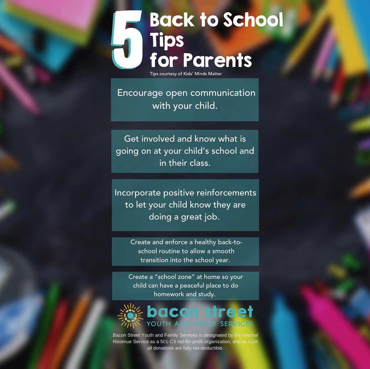 It’s almost time for the kiddos to head back to school! Here are five tips for parents to consider that can make a tremendous difference in your child’s performance and overall mental health this school year.📚

(Tips courtesy of Kids’ Minds Matter)