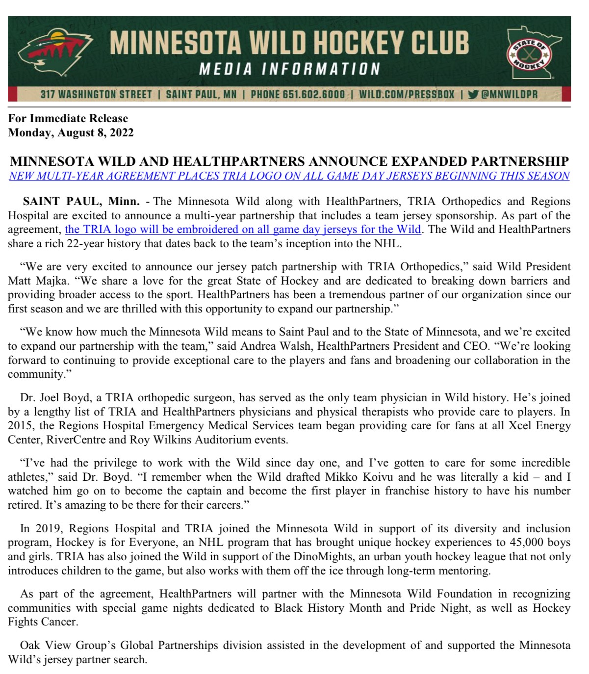 Minnesota Wild land a new sponsorship deal with HealthPartners