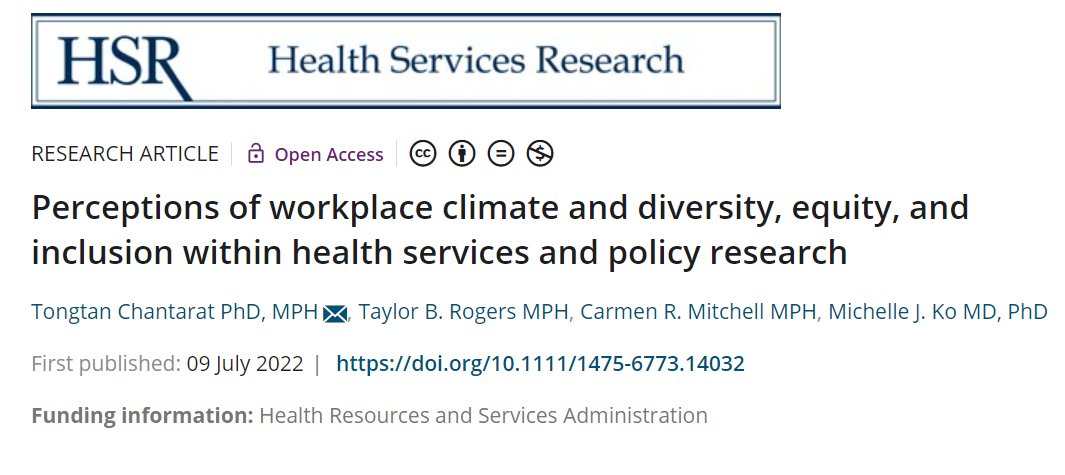 Survey results on HSR &amp; DEI concluded that despite an increasing commitment to diversifying the health services and health policy research workforce and improving equity and inclusion in the workplace, there is more work to be done to achieve such goals: onlinelibrary.wiley.com/doi/10.1111/14…